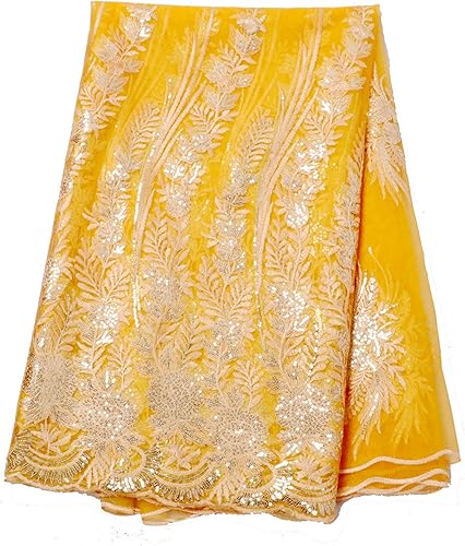 Miniatura 2 de Tela de encaje francés africano 5 yardas bordadas y lentejuelas para boda, beige 1