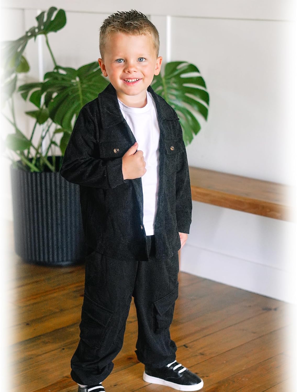 HINTINA Toddler Little Boy Corduroy Button Down Jacket T-shirt Cargo Pant 3 Pieces Outfits Set