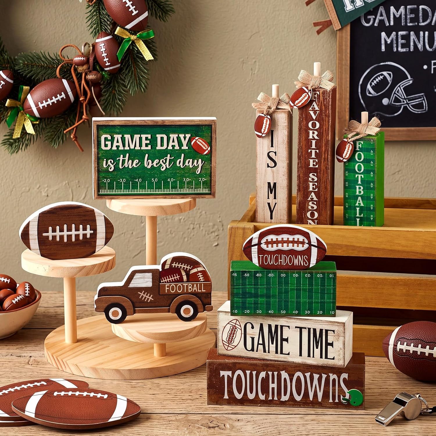 Cinnvoice 10 Pcs Fall Football Table Decoration, Game Day Tiered Tray Decor