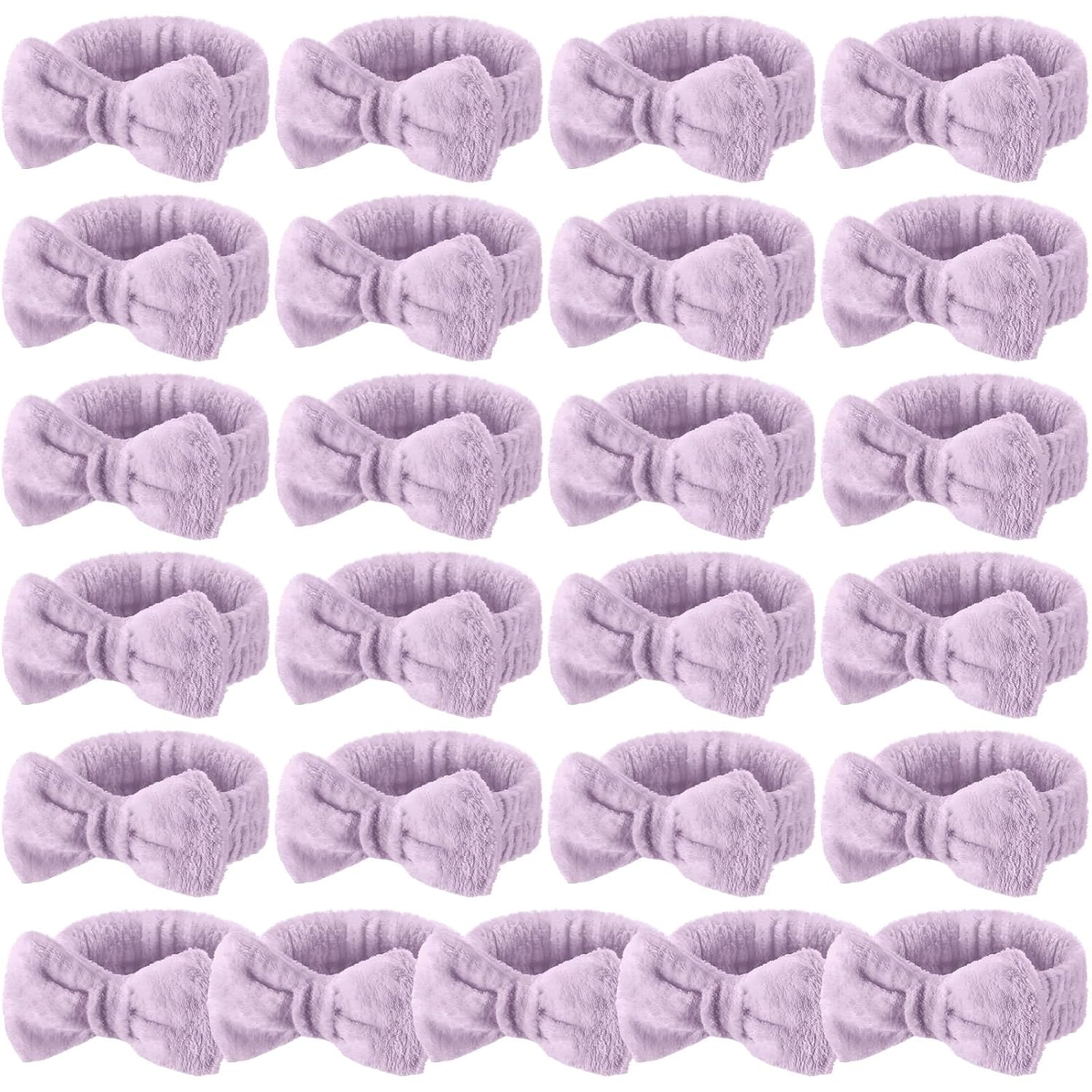 25 Pcs Spa Headband Bulk Makeup Headbands for Washing Face Cute Bow Hairbands Soft Coral Fleece Hairbands for Women Face Skin Care Makeup Spa Gift Shower Yoga (Classic Pattern,Purple)