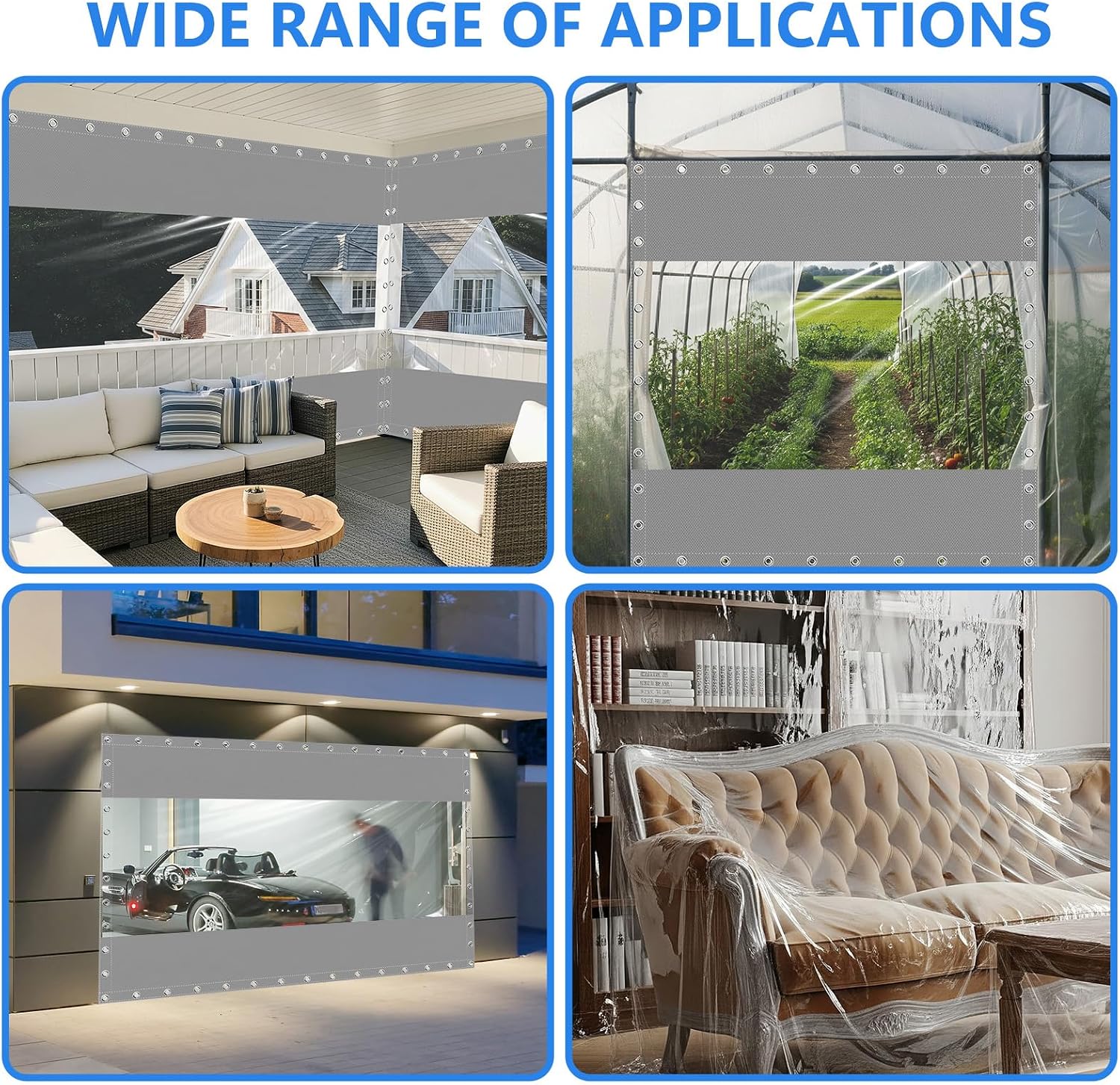 10x10FT Clear Tarps Curtains for Patio 21.16oz w/Grommets, Heavy Duty 0.5MM Thickened PVC Clear Waterproof Transparent Tarpaulin Side Panels for Winter Pergola, Balcony,Porch,Gazebos