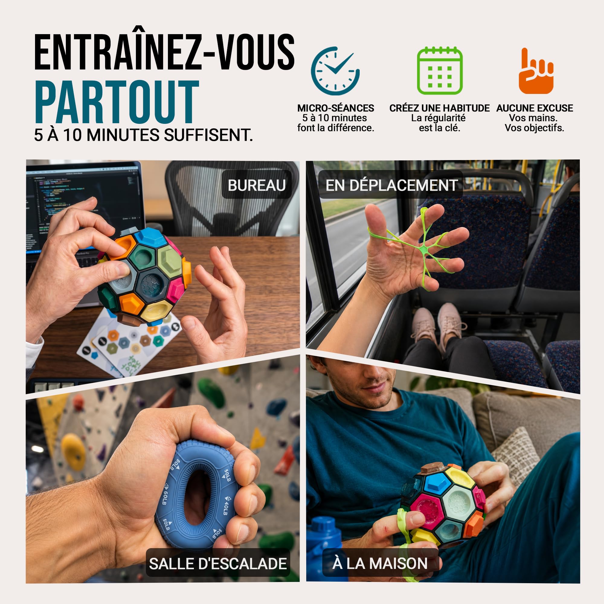 BOULDERBALL POWER Set d’entraînement pour la force des doigts, de la main et de l’avant bras - Avec Boulderball, anneau grip, bande extensible et plan d’entraînement - Pour grimpeurs et sportifs