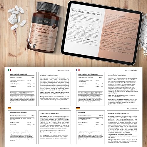Miniatura 3 de pureclinica Glutatión de doble fuerza de 500 mg x 60 comprimidos - 2 botellas (120 tabletas). 500 mg de glutatión reducido, 300 mg de vitamina C,