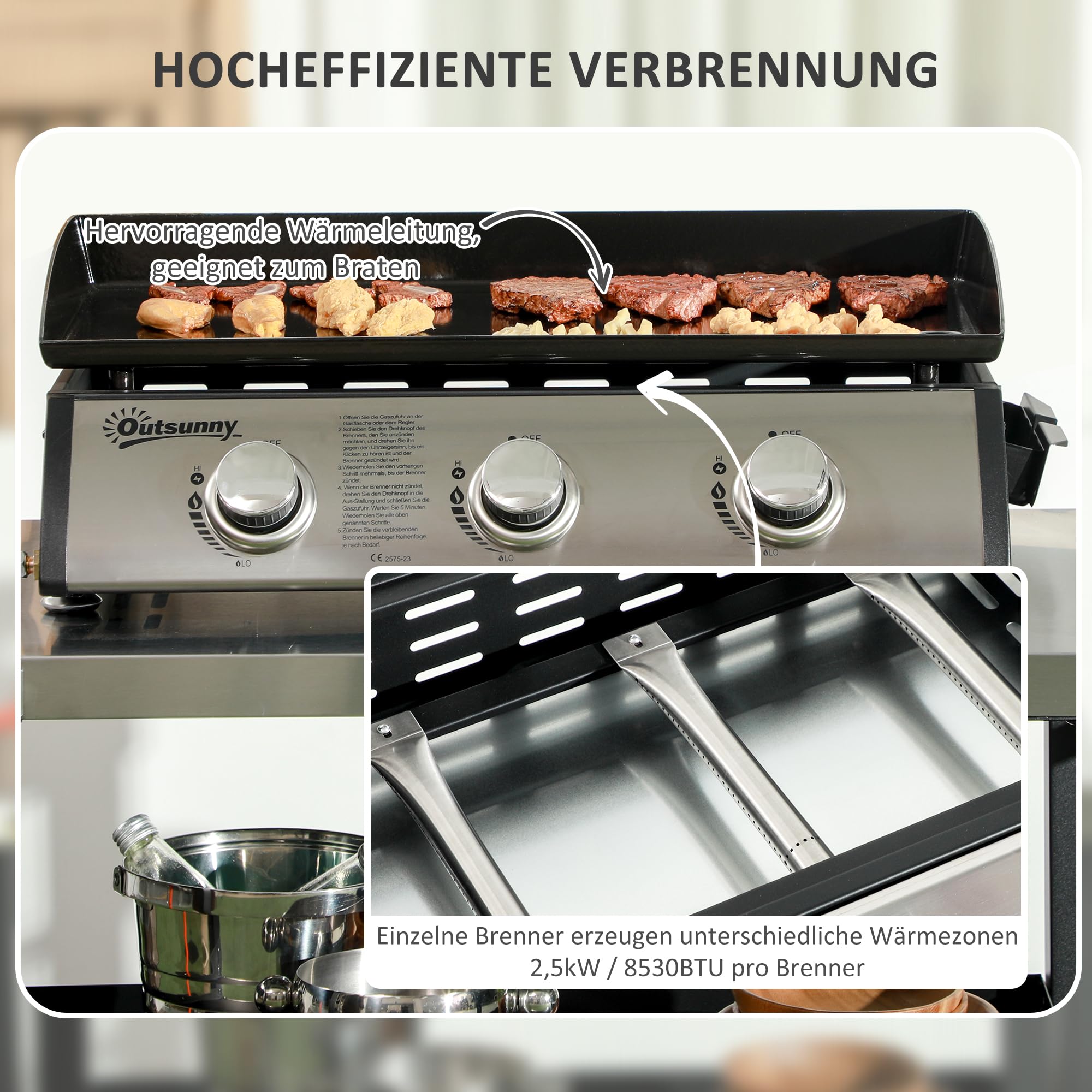 Outsunny Gasgrill mit 3 Brenner 7,5 kW Grillfläche 61 × 35,5 cm tragbarer Tischgrill mit Deckel Tischgasgrill aus Edelstahl BBQ Campinggrill für Garten Balkon Camping Schwarz