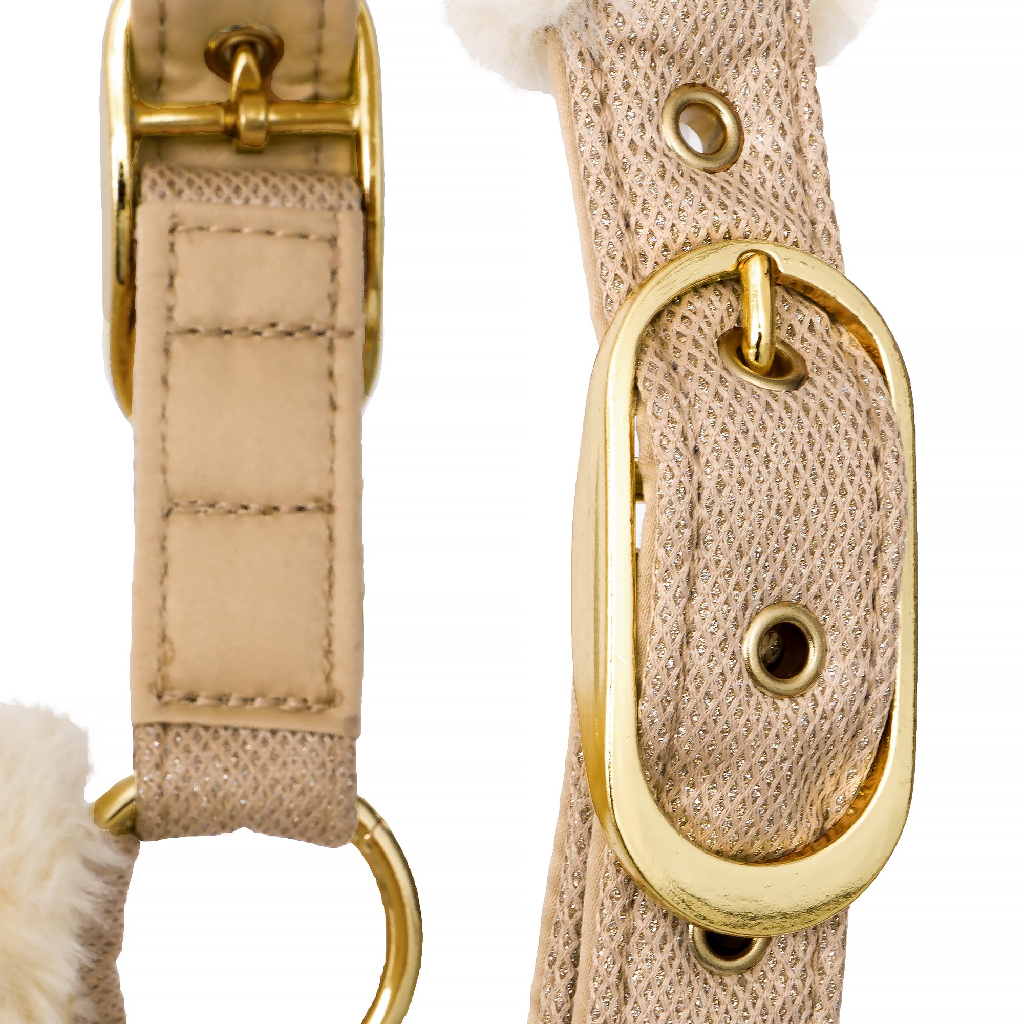 Glitzer Mesh Kopfgeschirr – Verstellbares Halfter für Pferde mit Fauxfur Polsterung – Komfortabel, Atmungsaktiv & Stilvoll - Rotterdam (Beige, Pony)