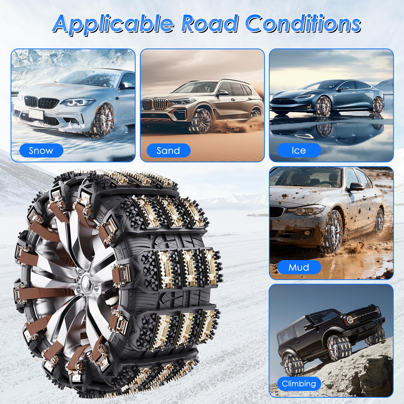 Catene da Neve Ninonly 8Pcz Catene Auto Universali Antiscivolo d’Emergenza per Auto Camion SUV Adatte a Pneumatici Larghezza 165mm - 265mm per Fango, Sabbia, Neve, Ghiaccio, Salita