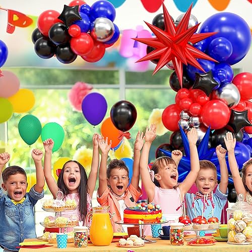 Miniatura 6 de Kit de arco de guirnalda de globos azules, rojos y negros, kit de arco de globos con globos plateados metálicos con globos de estrella para niños,