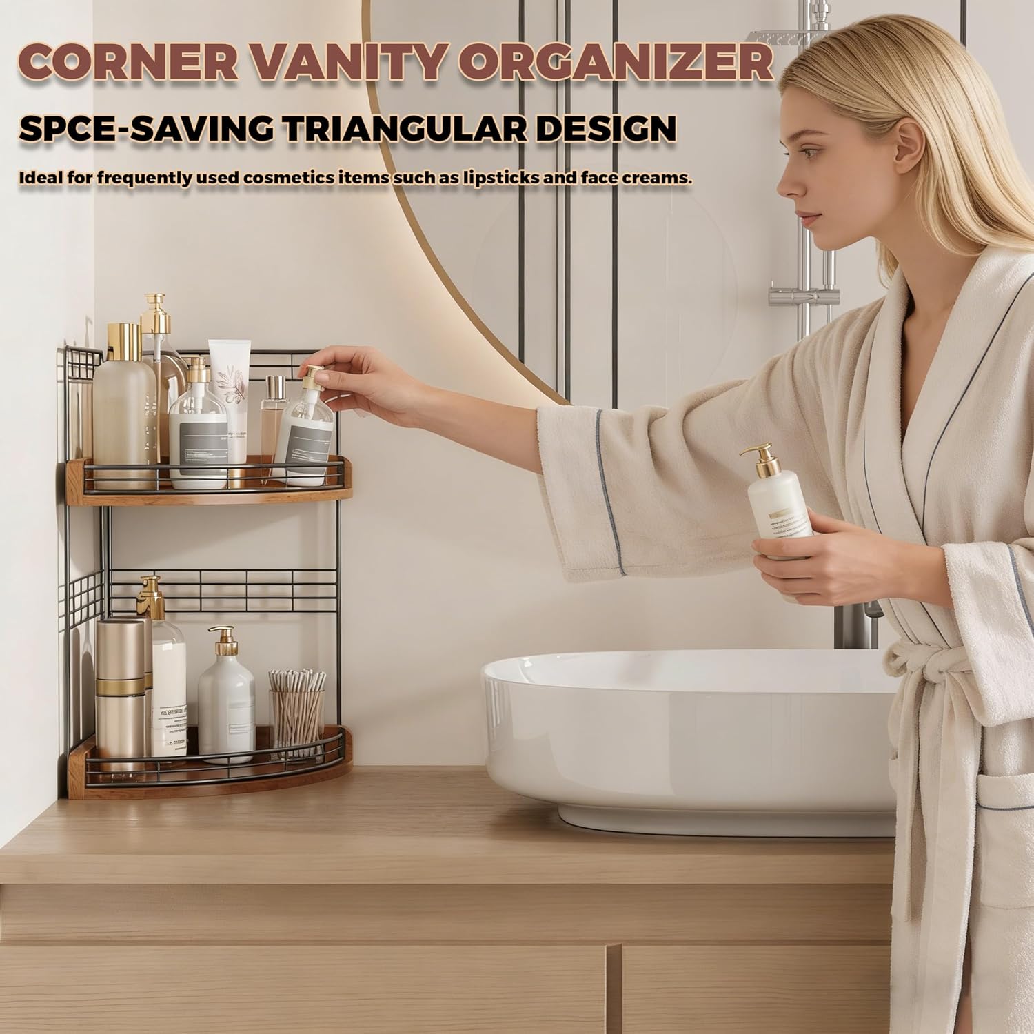 Bathroom Countertop Corner Organizer for Small Spaces, 2-Tier Counter Shelf | Oak Wood & Iron, Fan-Shaped Counter Shelf for Sink & Vanity Corners, Skincare, Toiletries, Compact Vertical Storage, Walnut