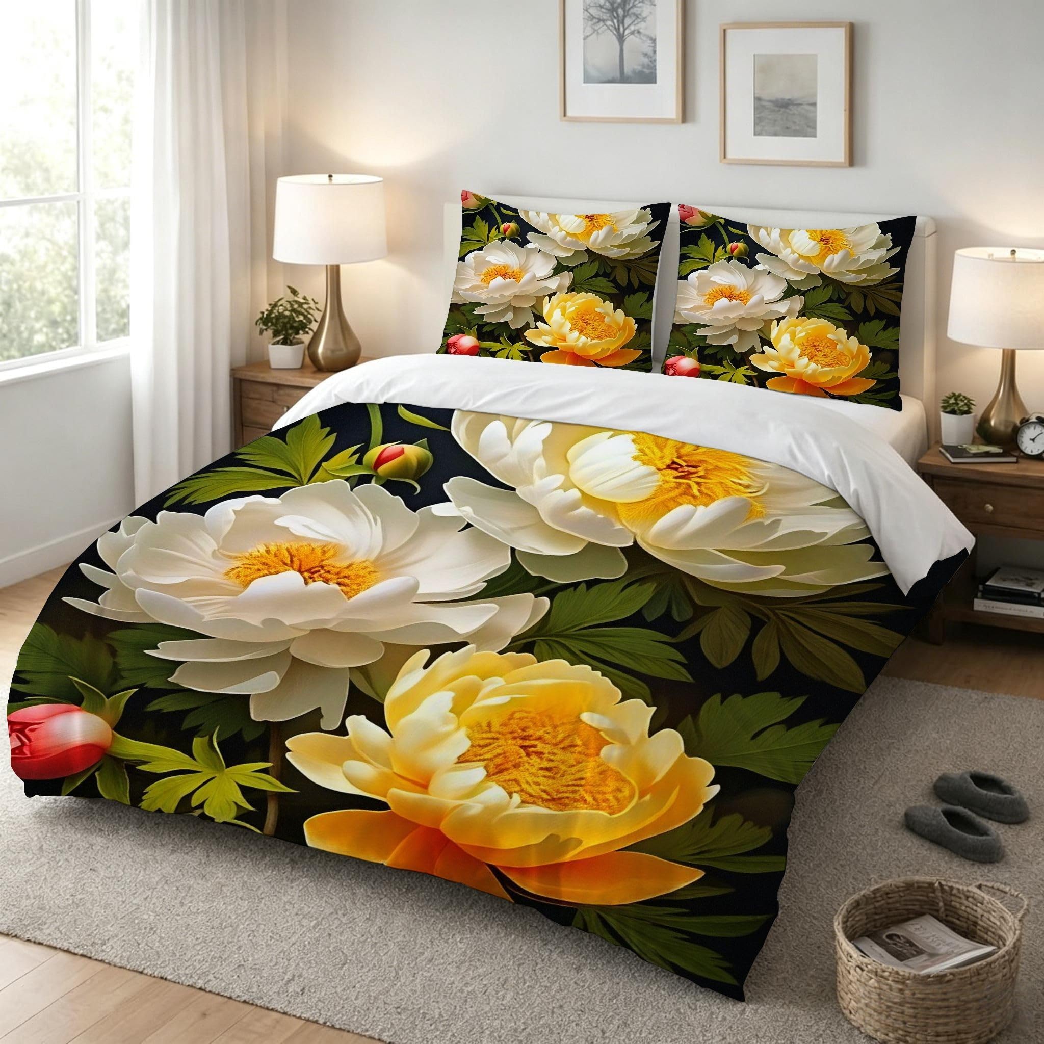 Copripiumino Matrimoniale Peonia Bianca 260x240, ZW894 | Traspiranti Durevoli Microfibra, per Tutta la Famiglia, Matrimoniale, per Tutte le Stagioni, con 2 Federe 50x80 cm