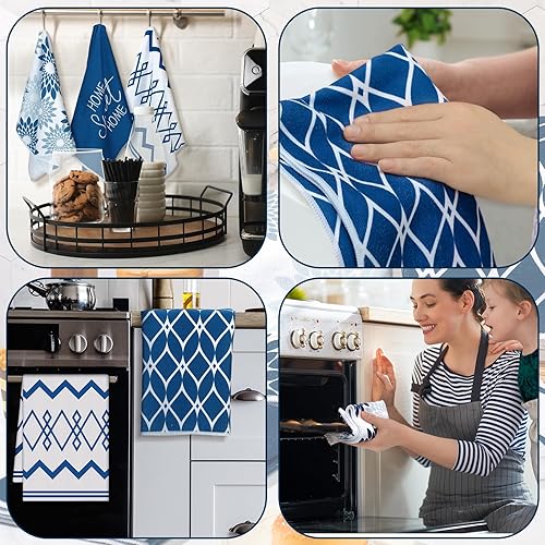Miniatura 5 de Kajaia 4 paños de cocina azules florales paños de cocina geométricos, toallas de mano decorativas bohemias, paños de mano absorbentes a cuadros,