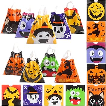 DIYASY 72 Pcs Halloween Drawstring Treat Bags, Small Plastic Candy Bags with Handle Trick or Treat Halloween Party Favors Supplies