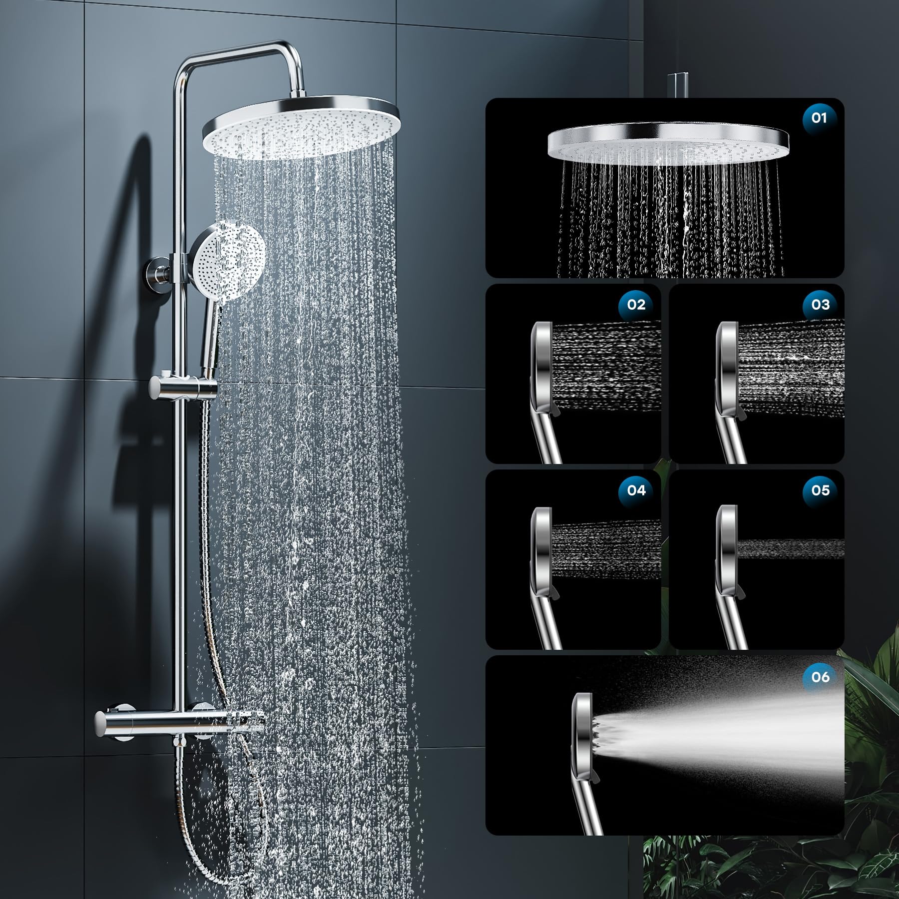 HOROW Columna de ducha termostática con altura regulable- Lluvia de Techo 30 cm + Mano 13 cm con 5 Modos, Ajustable en Altura, Acabado Cromado