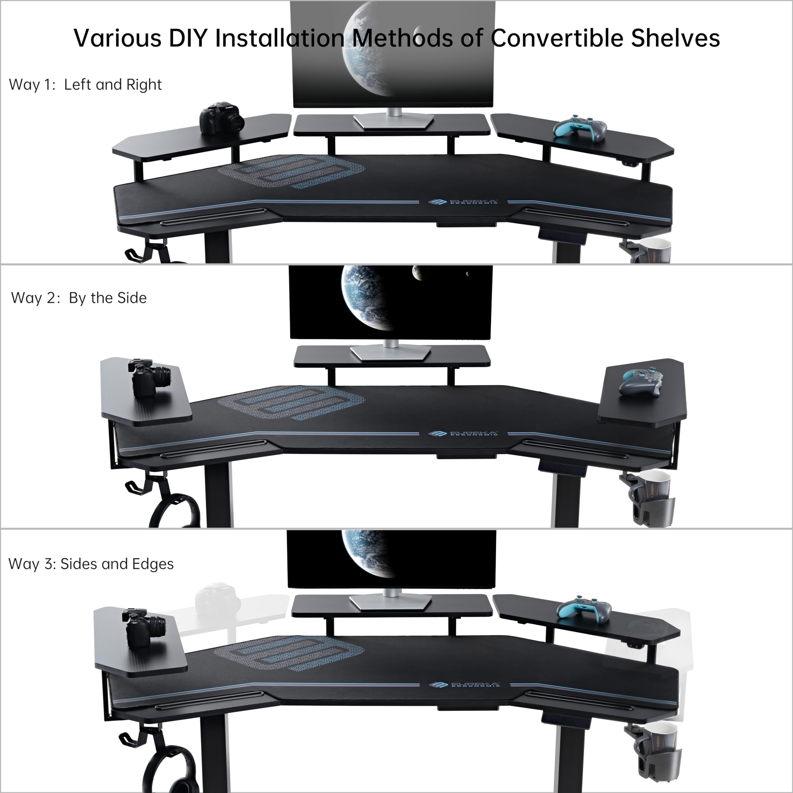 EUREKA ERGONOMIC Aero 72 Inch Gaming Desk with Keyboard Tray, Large Computer Desk Led Lights, Wing-Shaped Monitor Stand Dual Headphone Hanger Cup Holder for Studio,Streamer,Live,Maple: 63"W x 48"H-Adjustable Black
