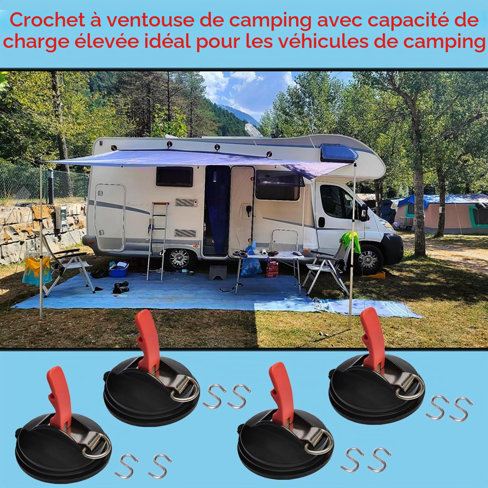 Crochets à ventouse, Ventouse Voiture Ancre à Ventouse Fixation 4 Pièces Ventouses avec 8 Crochets en S Ventouse Crochet Multifonction, pour Camping car Auvent Bâches Auvent Fourgon