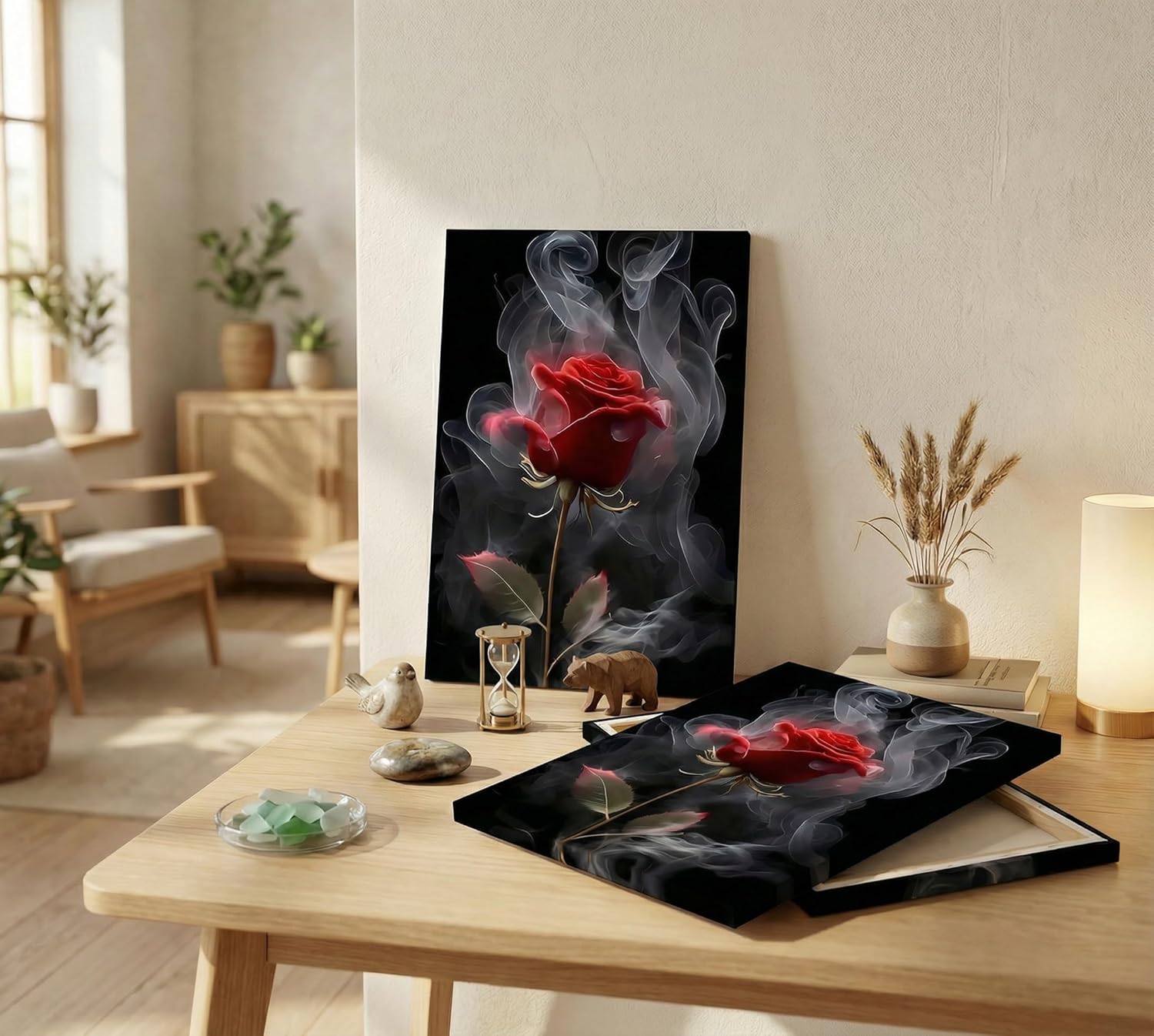 Romantic Red Rose Canvas Wall Art Abstract Smoke Rose Wall Decor Picture Modern Flower Poster Print Printing for Living Room Bedroom Bathroom Decoration Ready To Hang