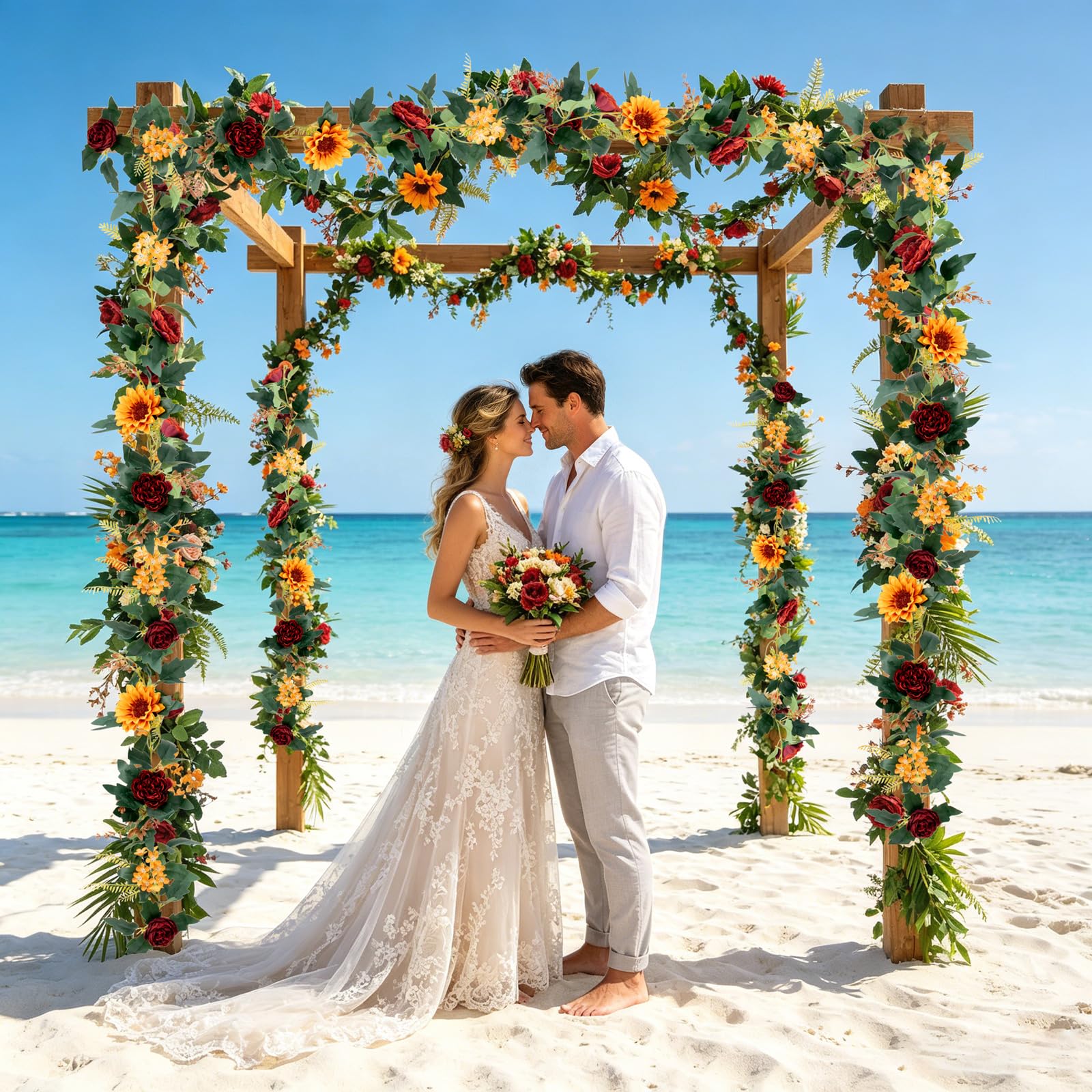 MAKHOT Künstliche Eukalyptus-Girlande mit Blumen, künstliche Rose, Schleierkraut, Rosengirlande, Dekoration, Blumengirlande, grüne Girlande für Hochzeit, Zuhause, Tischdekoration, Weiß, 3,5 m, 2 Stück