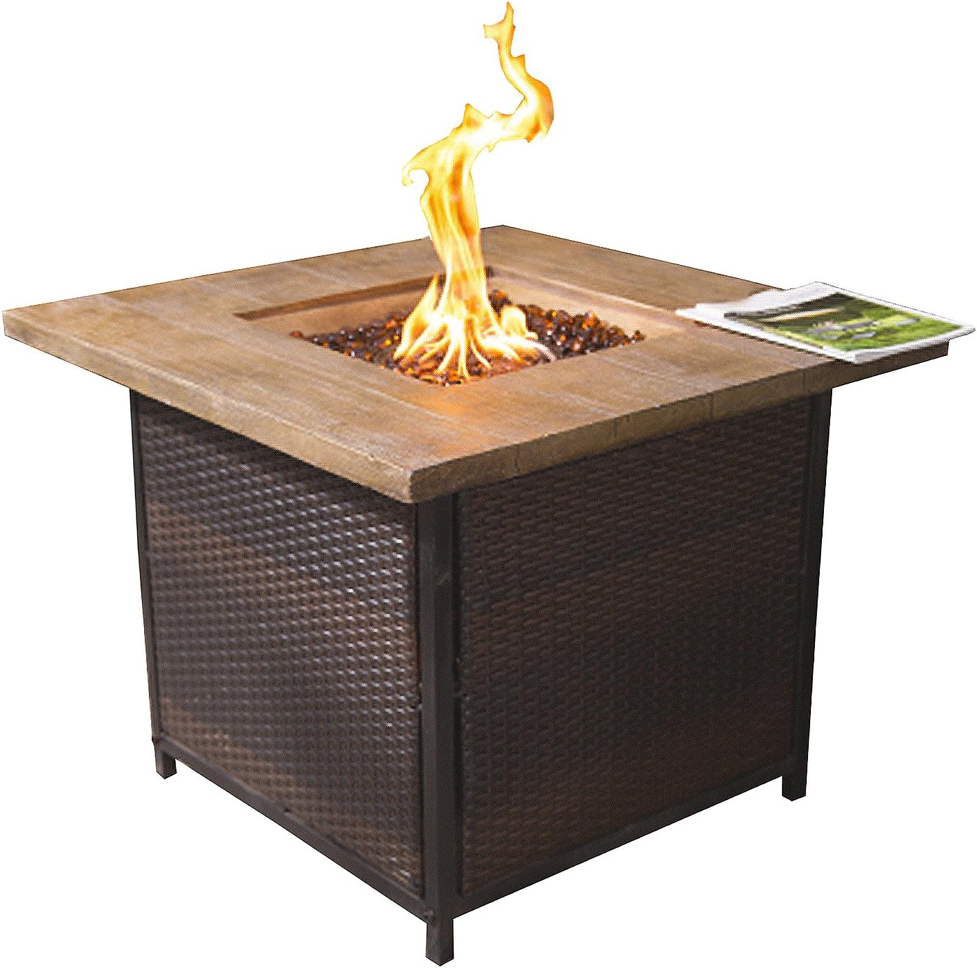 RoyalFire RFJC34501GF-MB Rattan and Fibreglass Square Gas Fire Pit - Mixed Brown/Natural Stone