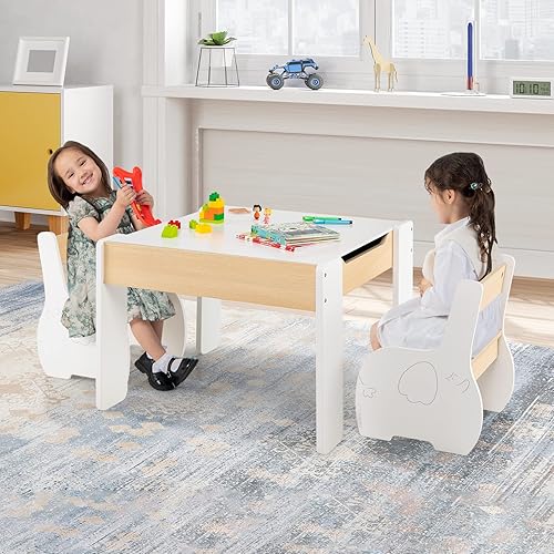 Miniatura 3 de Costzon Juego de mesa y silla para niños mesa de actividades de madera 4 en 1 y 2 sillas para artes manualidades dibujo lectura 3 muebles para niños