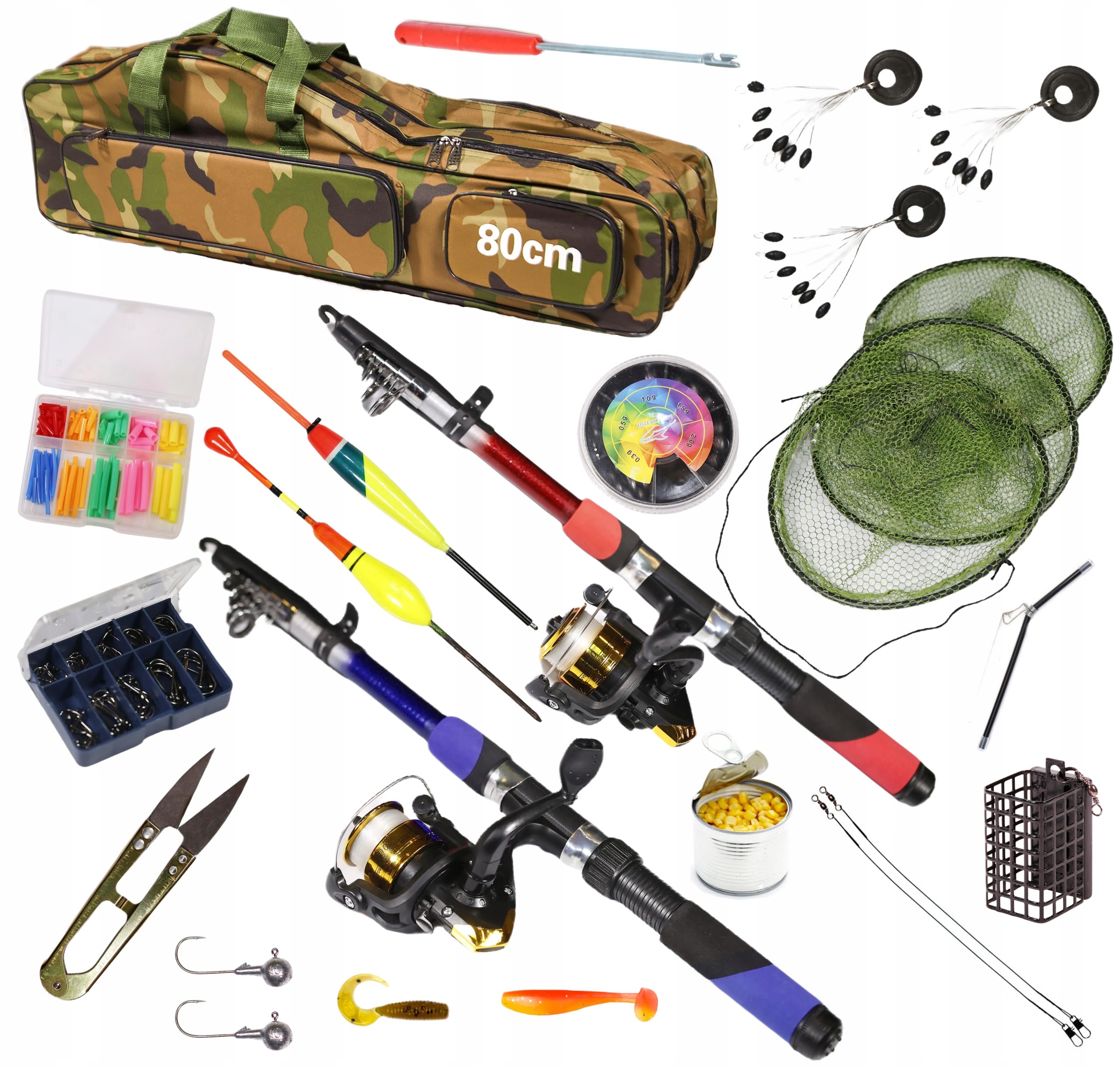 Set da pesca completo: 2 canne da pesca da 2,1 m, 2 ruote, galleggianti, esche – Set da pesca definitivo per principianti ed esperti (modello ZEST-W-13)