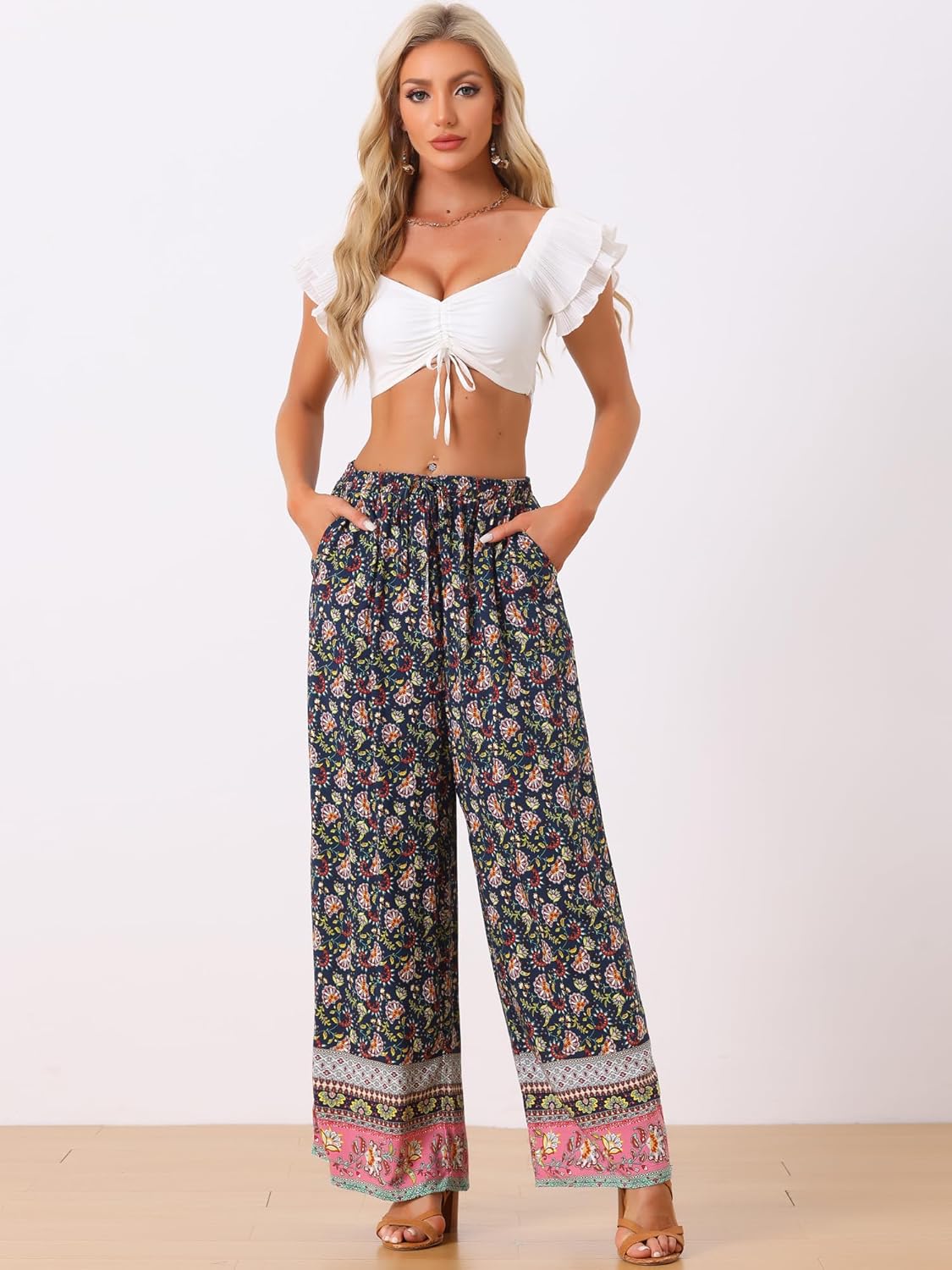 Allegra K Boho Floral Pants for Women's Drawstring Waist Beach Wide Leg Pants with Pockets - Image 3