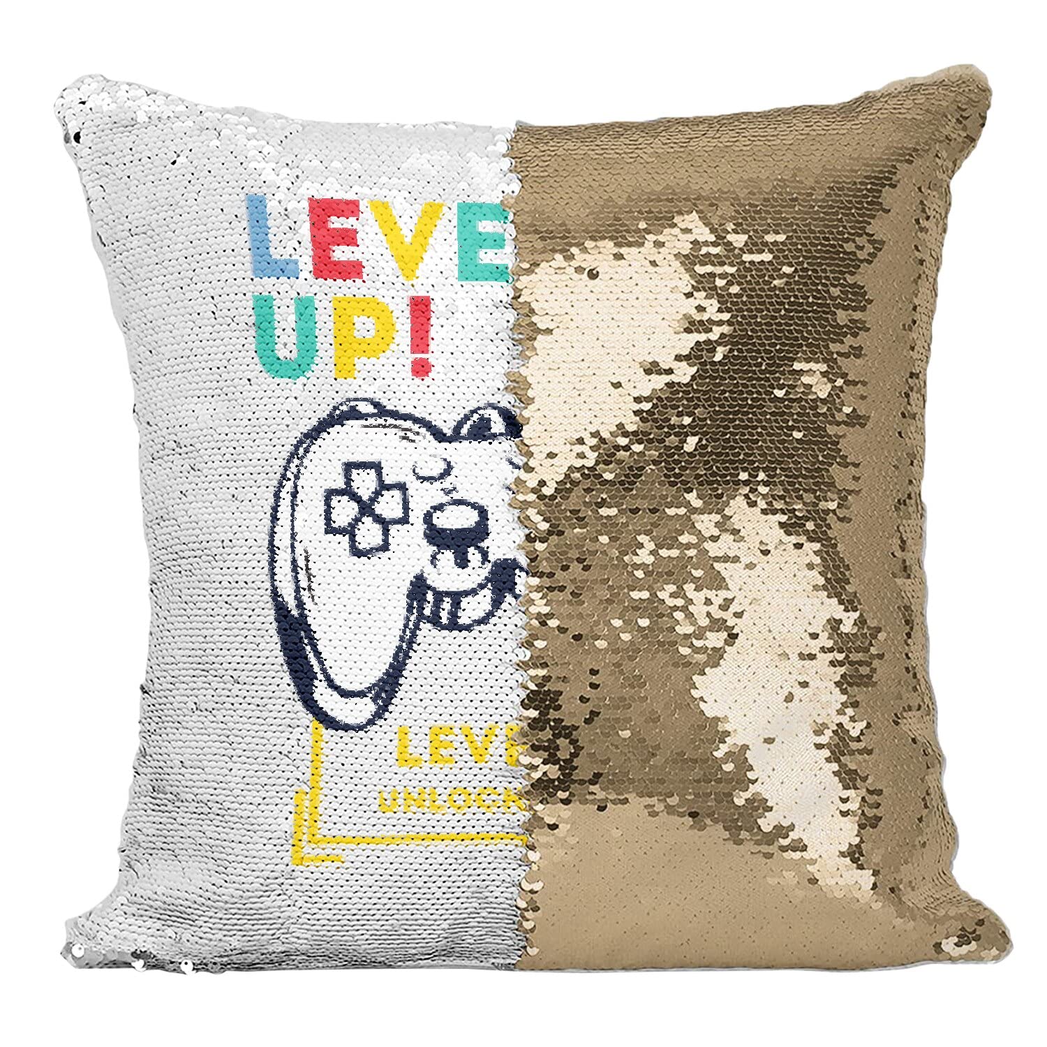 Coussin paillettes doré Level Up pour décorer une chambre de gamer de 6 ans