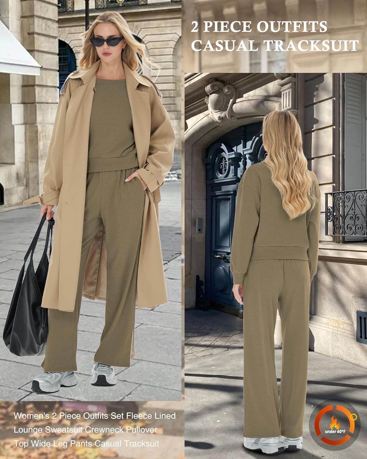 Women's 2 Piece Outfits Set Fleece Lined Lounge Sweatsuit Crewneck Pullover Top Wide Leg Pants Casual Tracksuit - Image 3