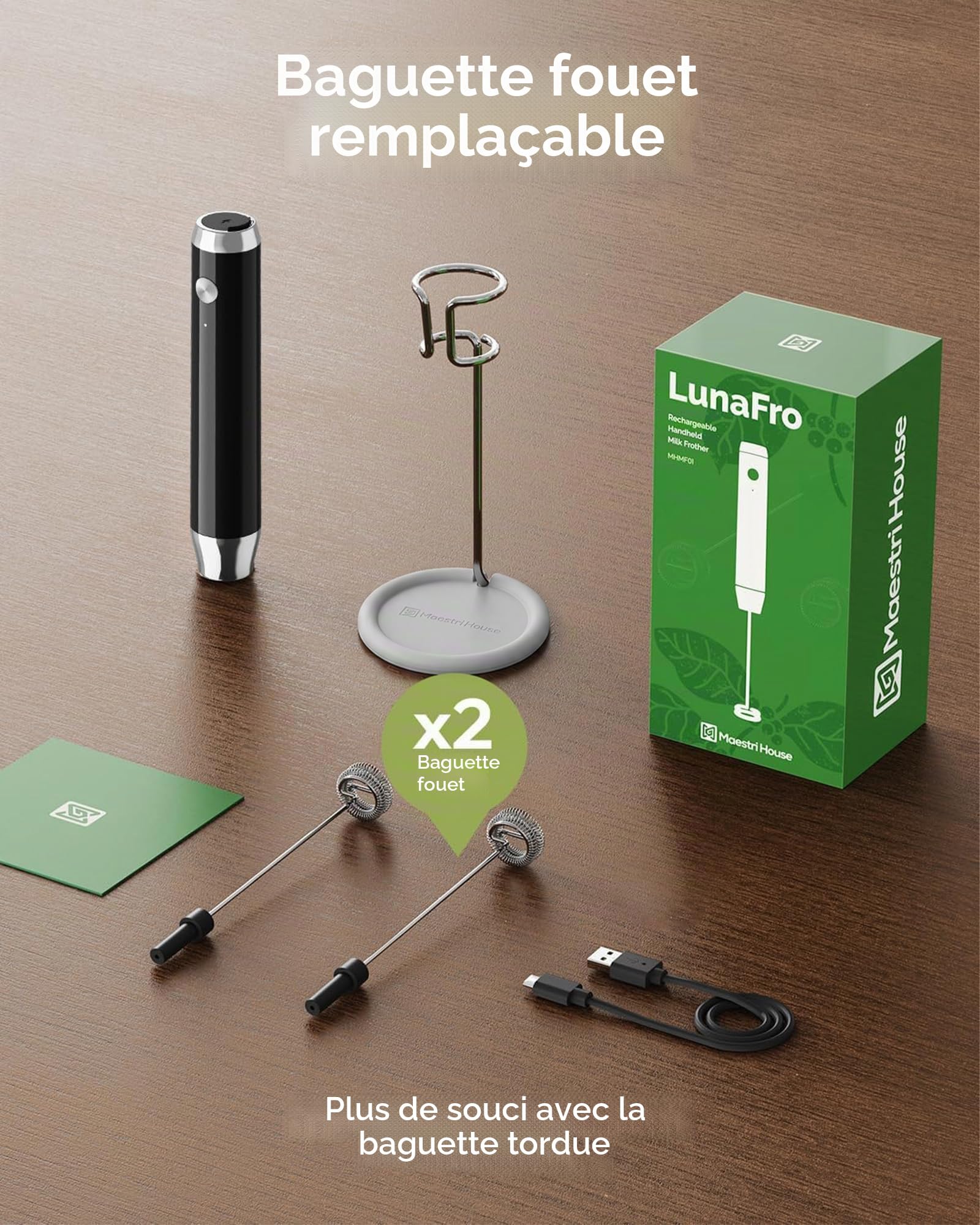 Maestri House Mousseur à Lait Électrique, Rechargeable Mousseur a Lait, Fouet en Acier Inoxydable, étanche Portable Mini Mixeur 2 fouets pour Café, Latte, Cappuccino, Matcha, Lunafro (avec Support)