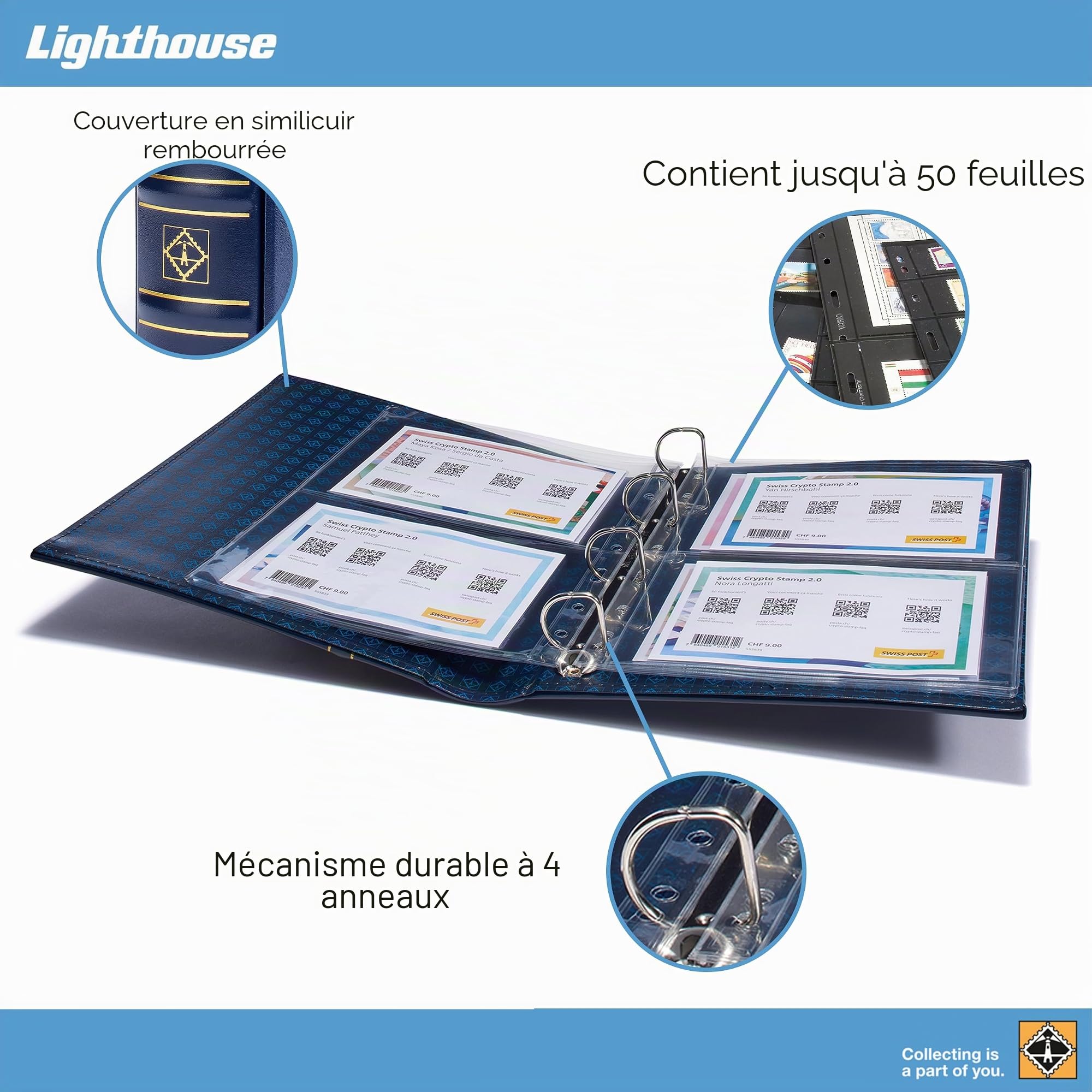 Leuchtturm 328848 Album de Billets Vario Classic - Reliure à Anneaux de Haute qualité à Personnaliser avec Cassette de Protection - Bleu