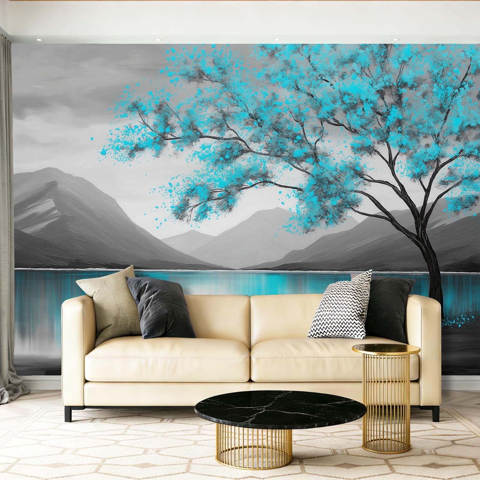 Papier peint panoramique mural pour agrandir un salon bleu canard 350cm