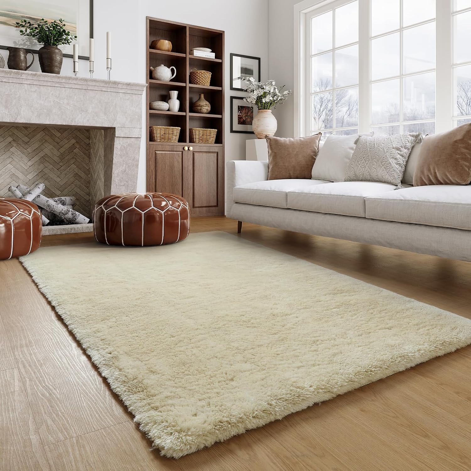 Lahome Fluffy Fuzzy Rug 5x7 Area Rugs for Living Room, Ivory Faux Fur Kids Rug for Bedroom with Rubber Backing, Ultra Soft Non-Shedding Plush Shaggy Carpet for Dorm Home Office