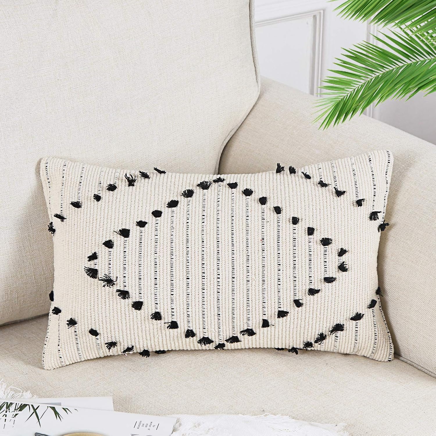 OJIA Farmhouse Diamond Black and Cream Throw Pillow Cover, Decorative Outdoor Woven Tufted Pillow Cushion Case Geometric Accent Pillowcase Neutral Collection for Sofa Chair Couch Bed (12 x 20 inch)