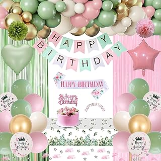 Sage Green and Pink Birthday Decorations, Green Pink Party Decorations Set Happy Birthday Banner, Latex Balloons, Fringe Curtain, Tablecloth, Sash, Tiara Crown, Pom Poms for Women Girls Party Supplies