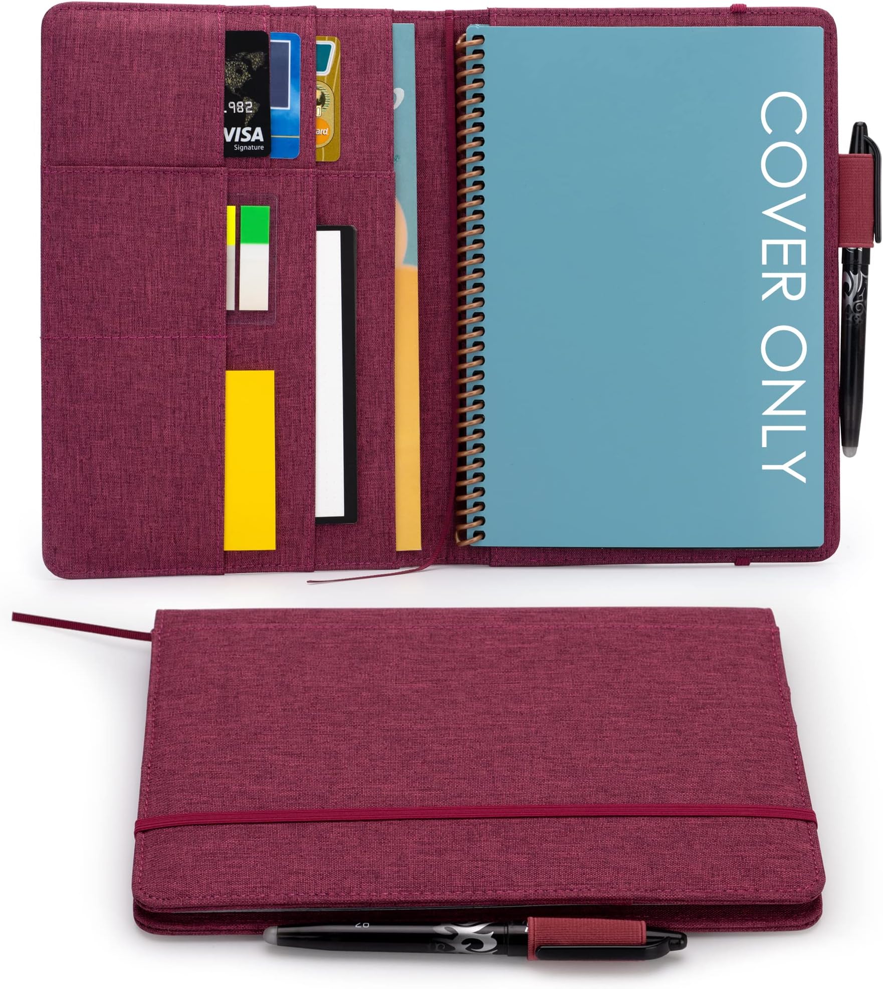 KaitiakiFolio Cover Compatible with Executive Size Notebook, A5 Portfolio Organizer with Pen Loop, Business Card Holder, Waterproof Fabric, Ribbon Bookmark, Fuchsia