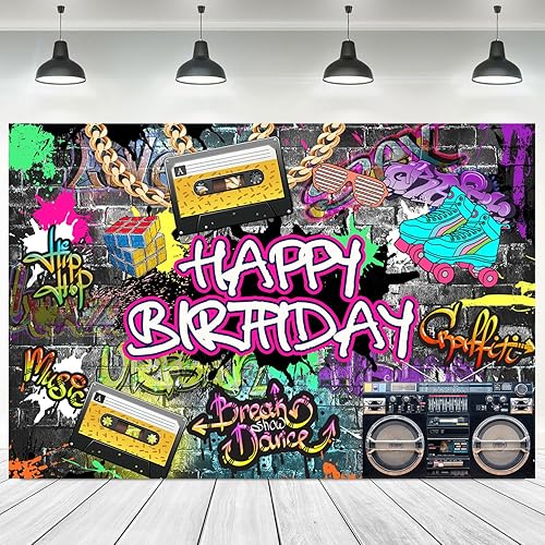 Miniatura 2 de Withu Graffiti - Telón de fondo de cumpleaños de los años 80 y 90, arte urbano retro, pared de ladrillo, hip hop, rock, neón, fondo de fotos, cinta,