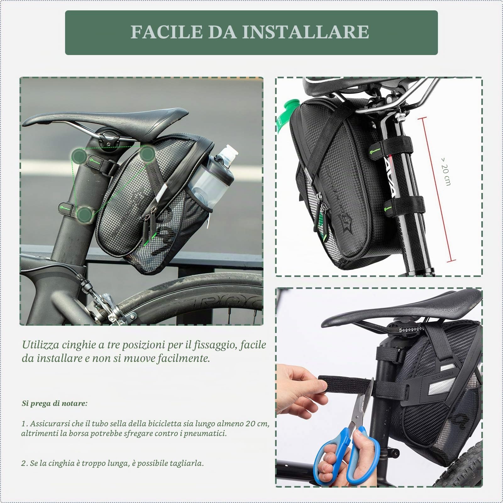 ROCKBROS Borsa da Sella Bici Idrorepellente, Borsello Sottosella per MTB Bicicletta, con Tasca Porta Borraccia, Strisce Riflettenti, Fanalino Appendibile, Grande capacità 1L, Accessori Bici