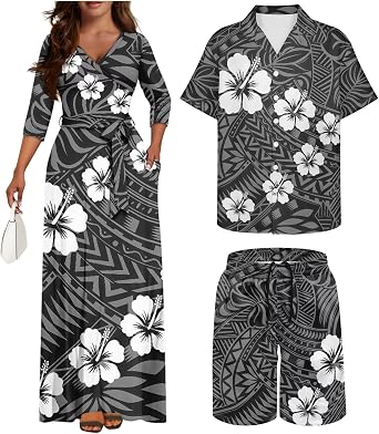Polynesian Couples Matching Outfits Puletasi Samoan Dress and Shirt Shorts Set for Women Men