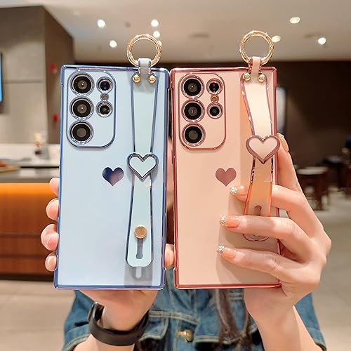 Miniatura 4 de Funda para Samsung Galaxy S22 Ultra 5G con soporte de pulsera ajustable, bonito parachoques chapado de lujo, esquinas elevadas a prueba de golpes,