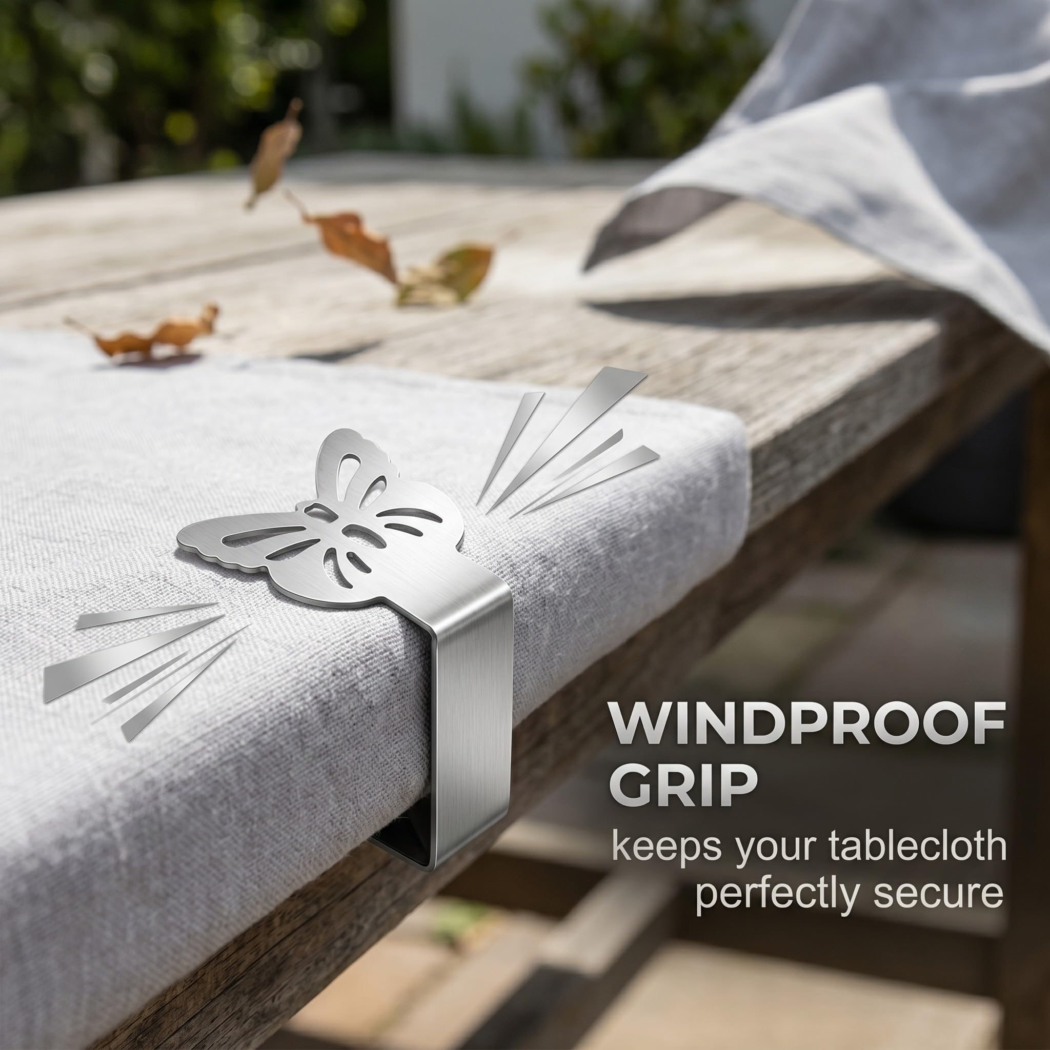 10 Pinzas Sujeta Manteles de Mesa en Acero Inoxidable, Clips para Manteles con Diseño de Mariposa, Sujeta Manteles Exterior e Interior Ideal para Jardín, Picnic, Bodas y Fiestas