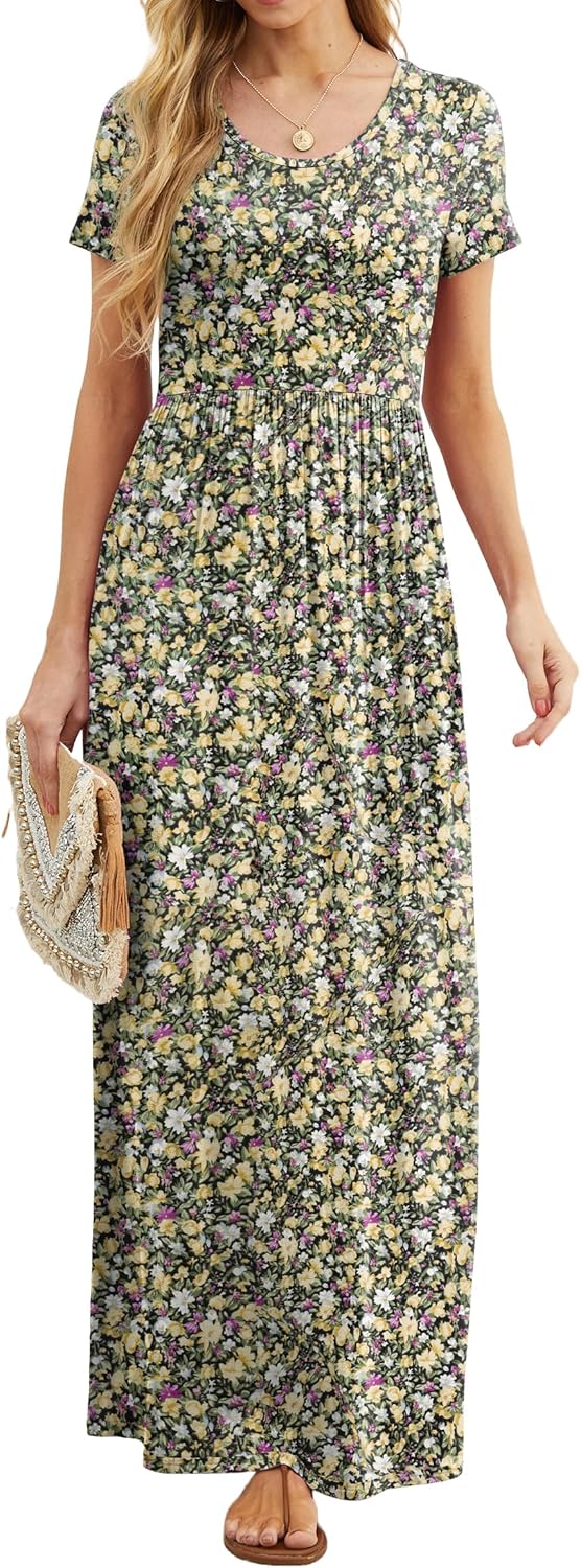 GRECERELLE Women Summer Casual Maxi Long Dress Short Sleeve Crew Neck with Pockets, Size S-3XL - Image 5