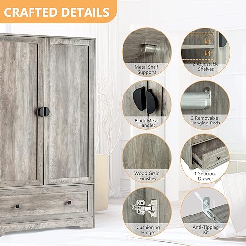 Miniatura 4 de VINGLI Armario Ancho con Barra Colgante, Estantes Ajustables y Cajón, Armario Independiente con Puertas, Armarios y Roperos para Dormitorio, Gris