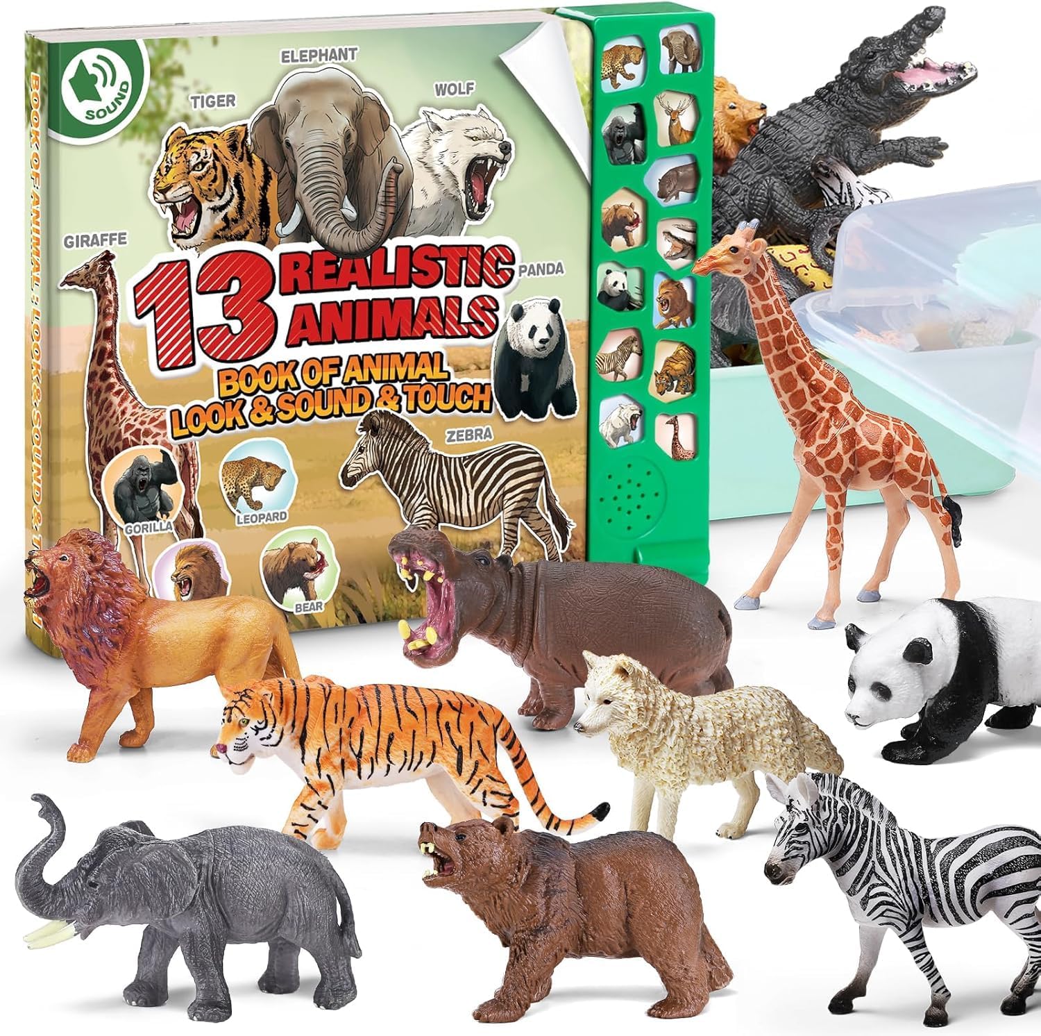 13 Realistic Wild Animal Figures with Sound Book & Storage Box, Plastic Safari Animal figurines for Toddler, Educational Zoo Animal Model Toy, Jungle Party Favor, Birthday Gifts for Kids Boys Girls 3+