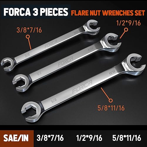 Miniatura 2 de FORCA Flare Nut Wrench Set SAE 3-Piece 38 716 12 916 58 1116 CR-V Steel Brake Line Wrench Set with Organizer Pouch