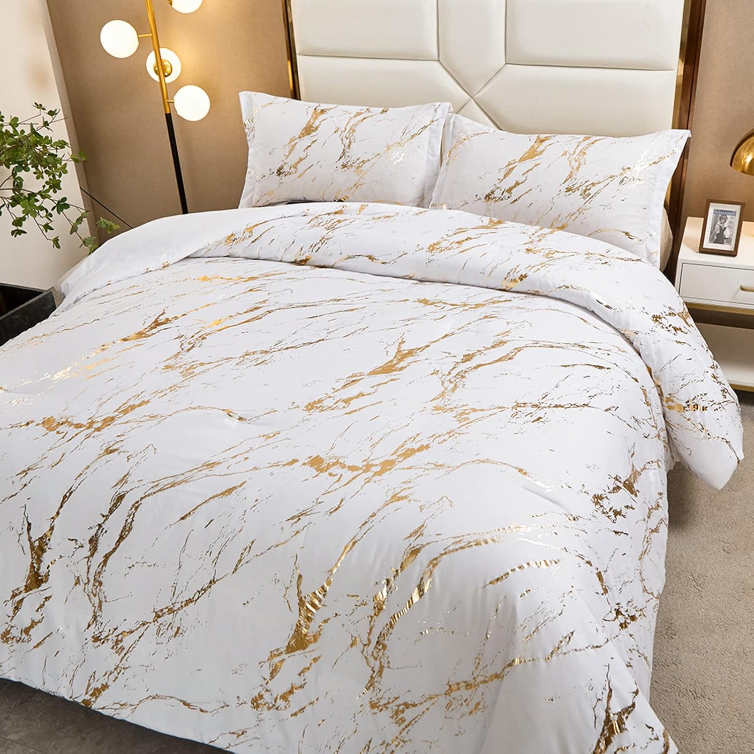 WONGS BEDDING White Gold Metallic Marble Comforter Set Queen Foil Print Glitter Bedding Sets with 2 Pillowcases for All Seasons, Soft Microfiber Filling Bedding Duvet Set 90"x90" - Image 4