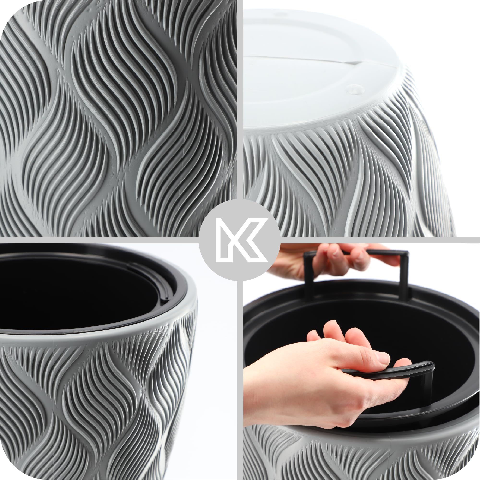 KADAX Vaso da fiori con inserto e manici, vaso in plastica in 5 misure, resistente ai raggi UV, resistente alle intemperie, vaso alto, vaso con effetto 3D (grigio, altezza: 58,5 cm)