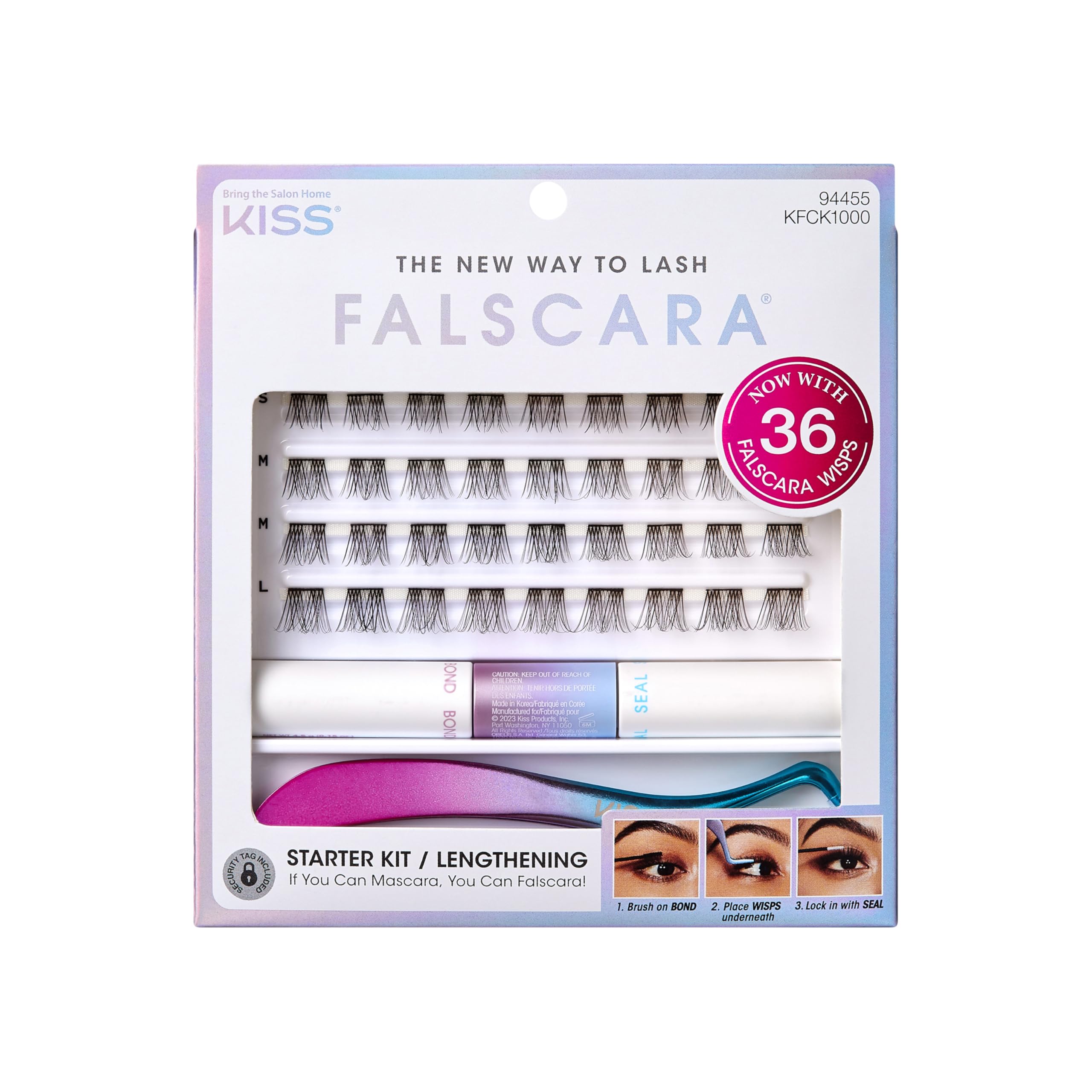 Falscara Lash Clusters Kit, 36 Black Band At-Home Lash Extensions Starter Kit with Bond, Seal and Applicator, Lengthening, 10mm - 12mm Reusable Underlash Wisps, All-Day Wear (Remover Sold Separately)