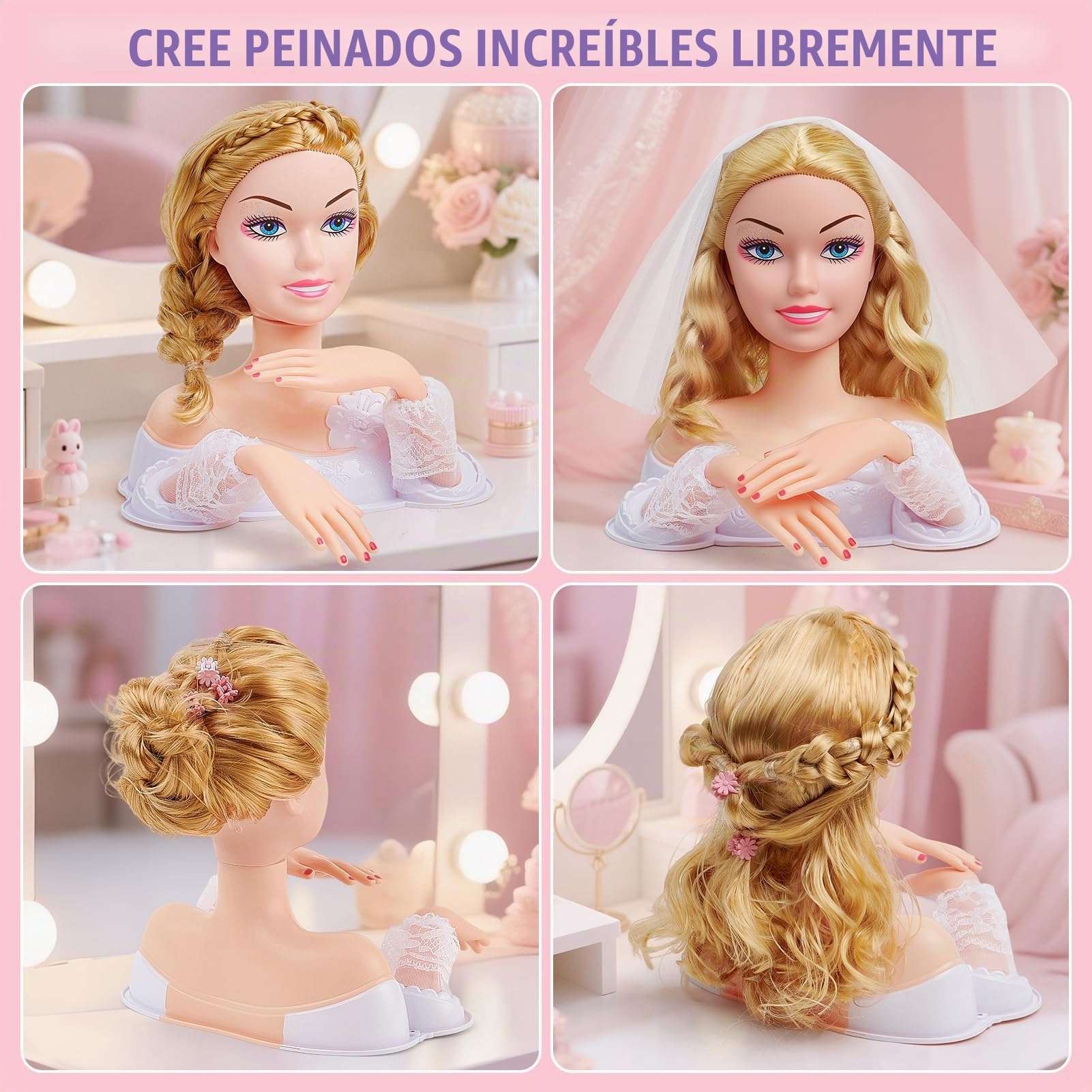 vamei Cabeza Muñeca para Peinar y Maquillar para Niños, Busto Muñeco Crece Pelo con Juego de Peluquería Secador de Pelo, Muñeca para Peinar Juguetes de Maquillaje, Regalo para Niñas 3 4 5 6 Años