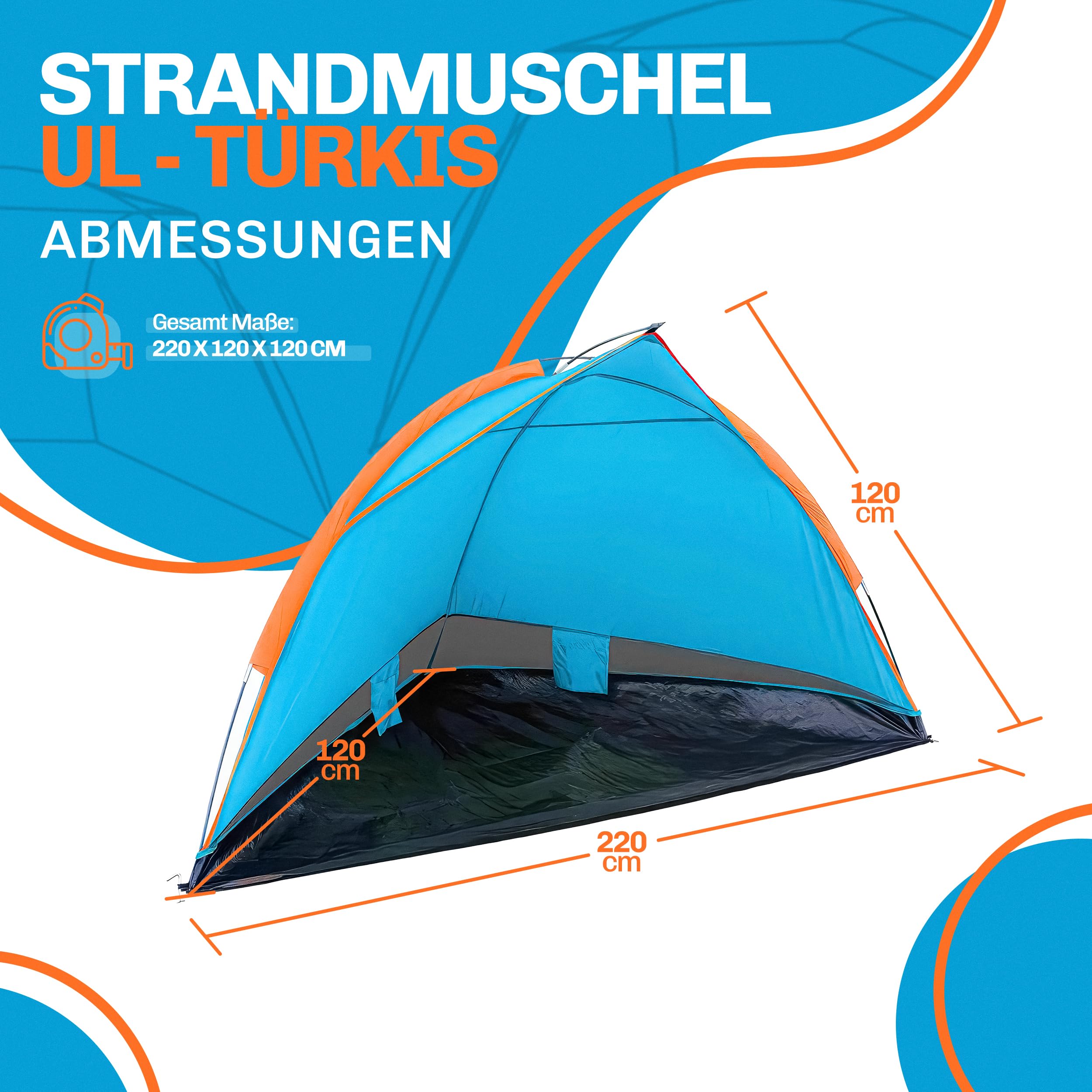 Blumixx Pop Up Strandmuschel für 2–3 Personen – Windschutz & Sonnenschutz Strand Zelt, kompakt faltbar, leichtes Reise-Strandzelt, Strandzelt, UV-Schutz, 220x120x120 cm, Türkis