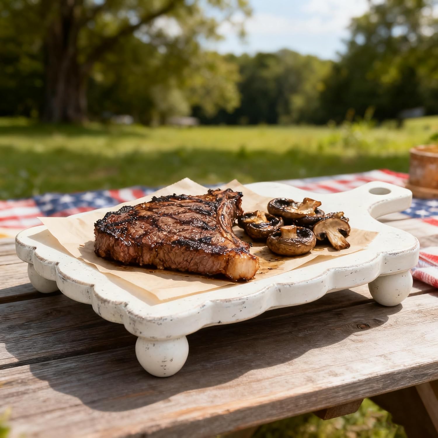Set of 2 Rustic Wooden Trays Riser- Farmhouse Pedestal Stand with Scalloped Edge Distressed Decor Wood Finish Serving Trays Cupcake Display for Cake and Decorative Items (White)