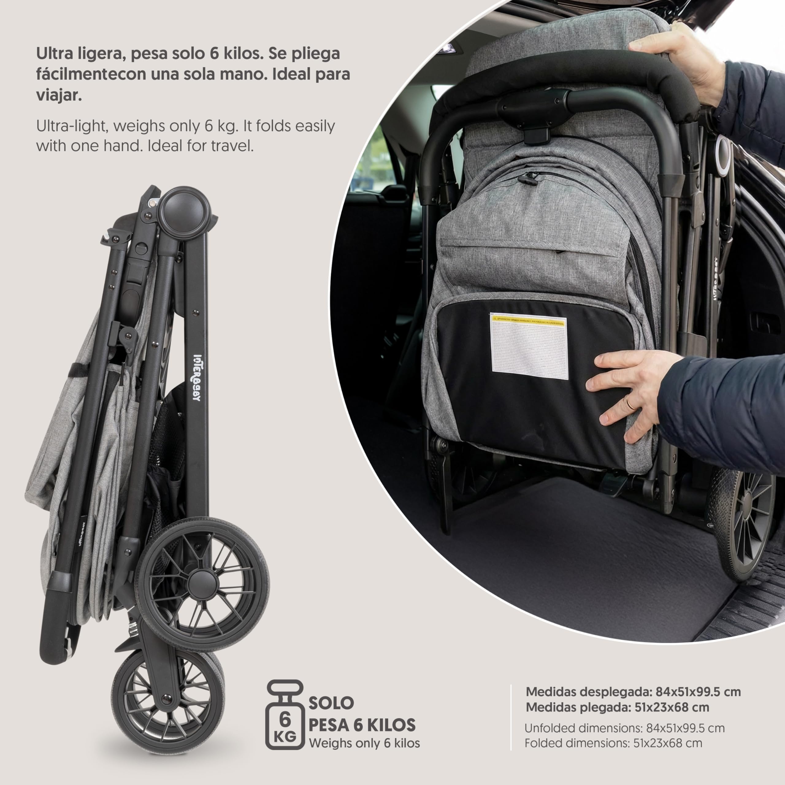 Interbaby - Silla de Paseo Ligera Bebé hasta 22 kg, Carrito Bebé Plegado Automático con una Mano, Respaldo Reclinable, Capota XXL, Suspensión 4 Ruedas, Cochecito Bebé (Gris)