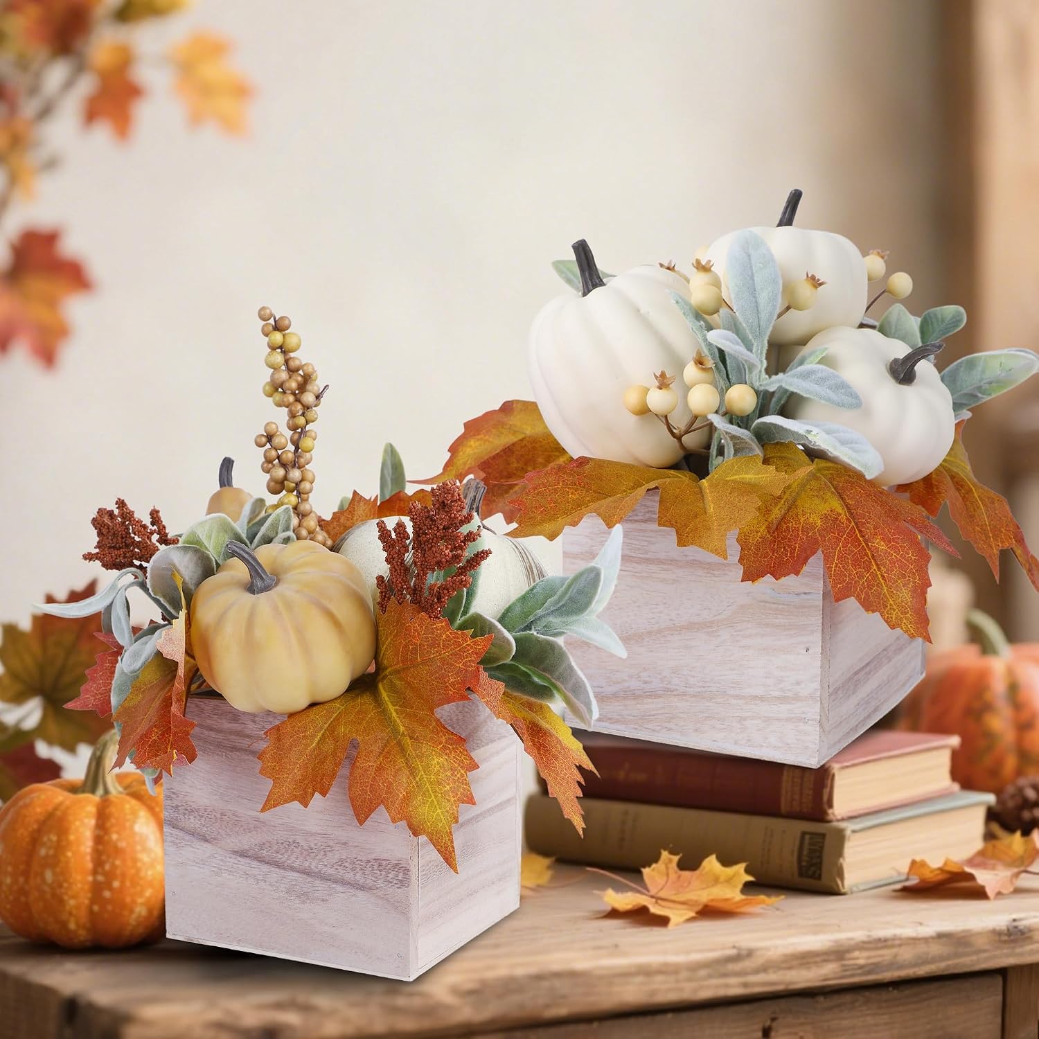 winemana Fall Decorations Artificial Pumpkin Gourd Berries Leaves, 2 Pack | Wood Vase, Autumn Table Centerpiece, For Dining, Home, Mantel, Kitchen, Indoor Use, Thanksgiving Decor